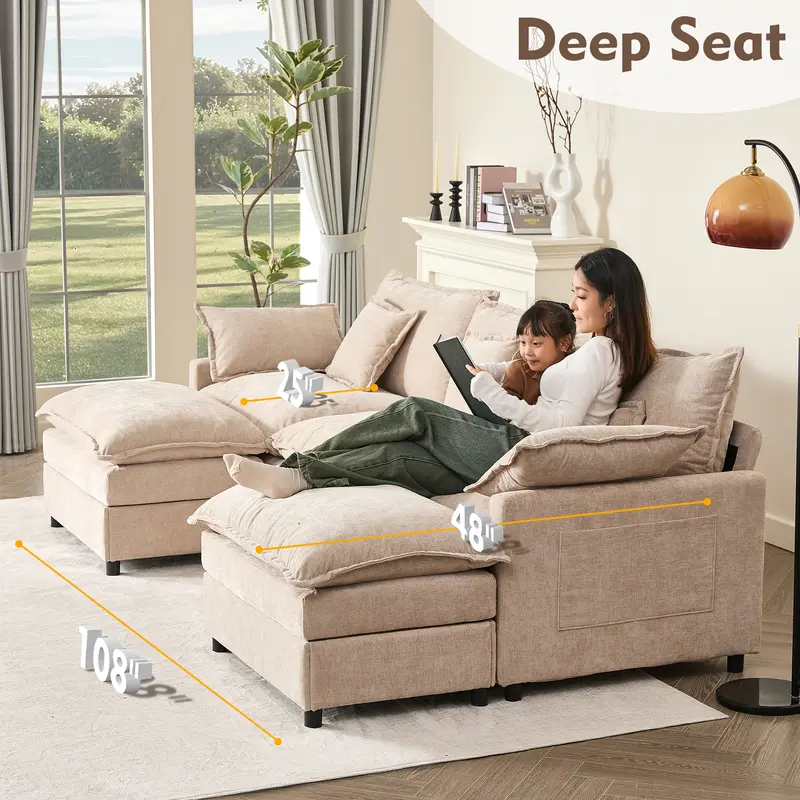 108" U-Shaped Modular Cloud Sofa with 2 Ottomans – Deep Seat Chenille Sectional Couch