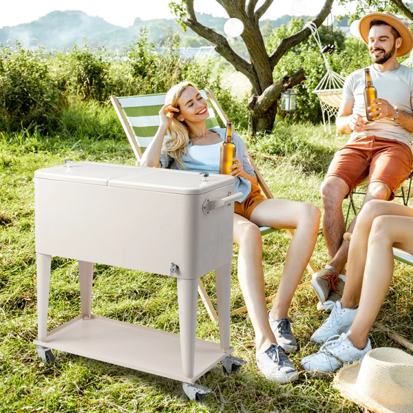 40L Portable Long Rectangle Plastic Cooler Box with Iron Legs 87.5x38.5x91cm Milk White Freezing & Insulating for Cans
