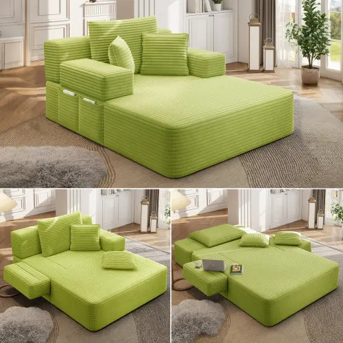 Luxury Plush Corduroy Convertible Sofa Bed, Oversized Chaise Lounge with 3 Pillows & Storage Pocket, Frameless Compression Foam Design for Small Spaces, No Assembly Required Sleeper Chair for Living Room, Apartment