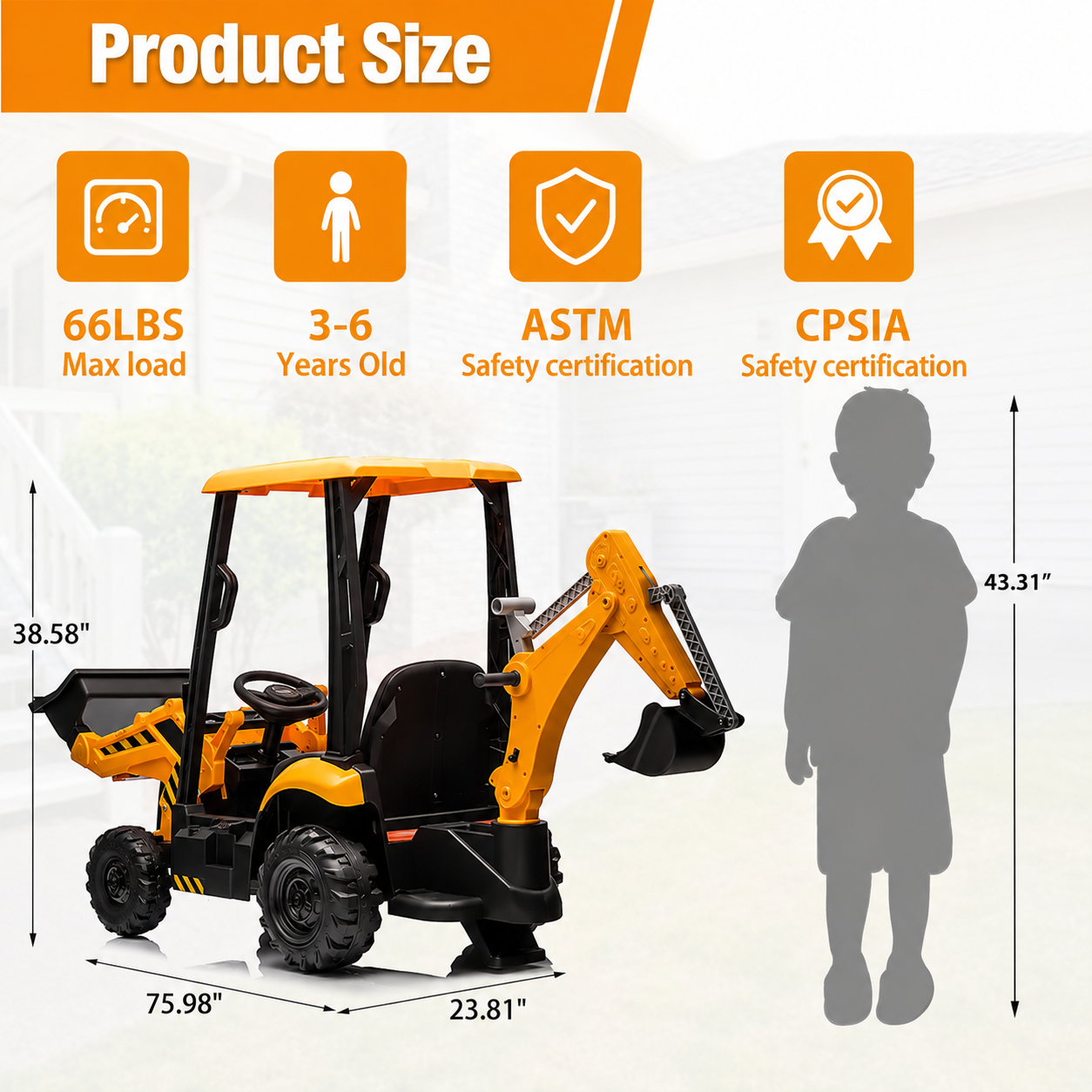 12V Kids Ride-On Excavator, Battery Powered Backhoe Digger with 2.4G Remote Control, Adjustable Front Loader & Rear Digger, Electric Construction Toy for Toddlers 3–6 Years Old