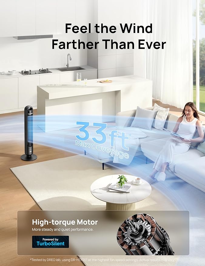 Smart Tower Fan for Bedroom – Quiet Oscillating Standing Fan with Remote & App Control