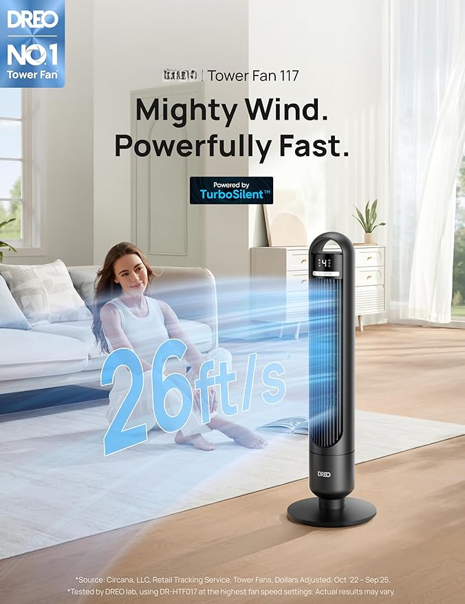 Smart Tower Fan for Bedroom – Quiet Oscillating Standing Fan with Remote & App Control
