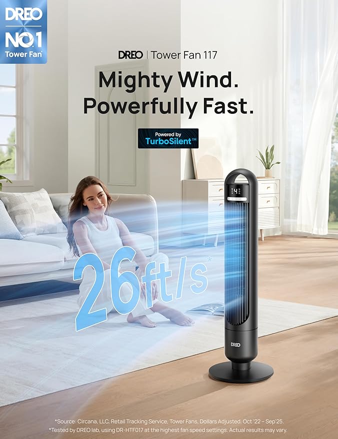 Smart Tower Fan for Bedroom – Quiet Oscillating Standing Fan with Remote & App Control