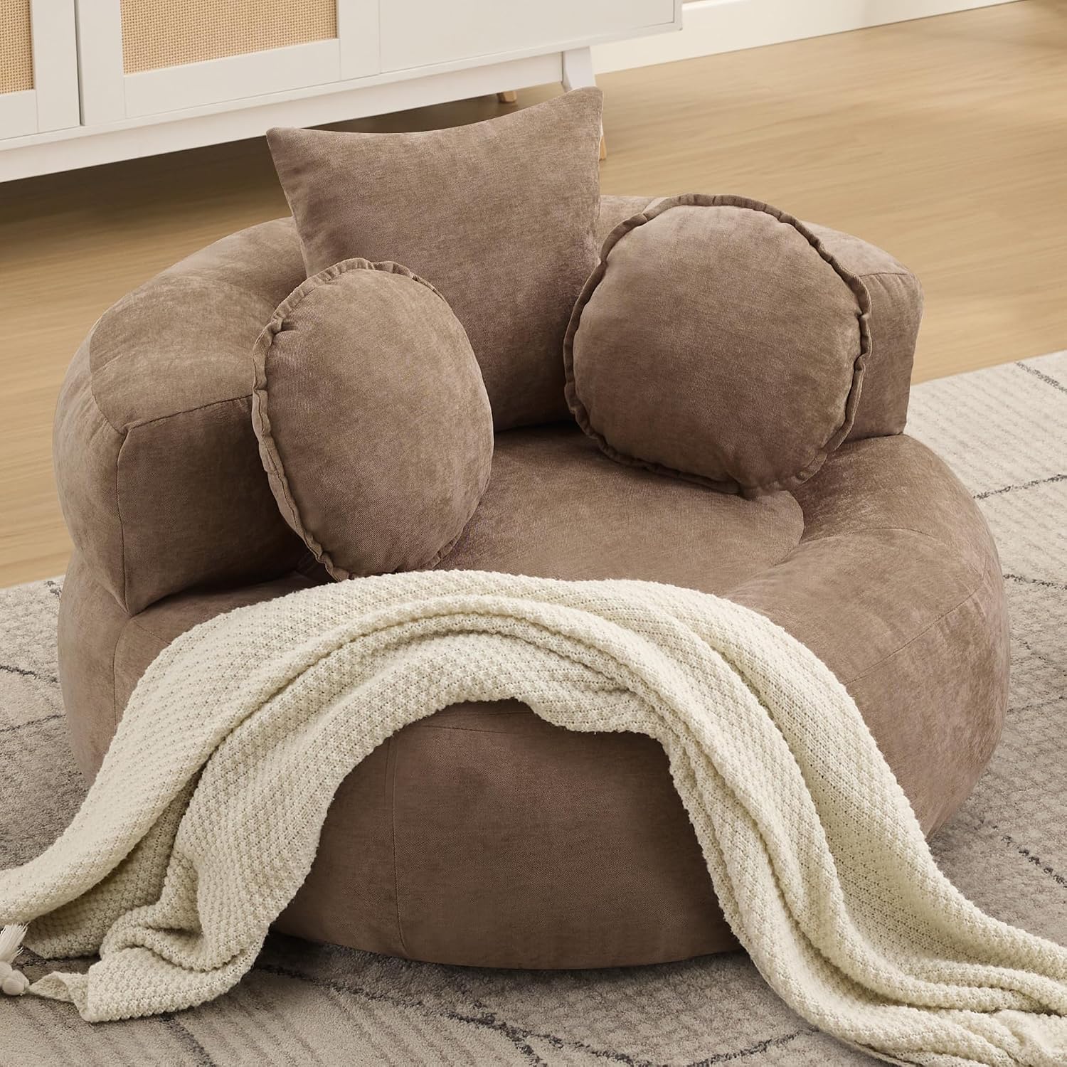 Oversized Round Floor Sofa, Deep Seat Chenille Boneless Lounge Chair, Compressed Barrel Chair for Living Room & Bedroom – Beige