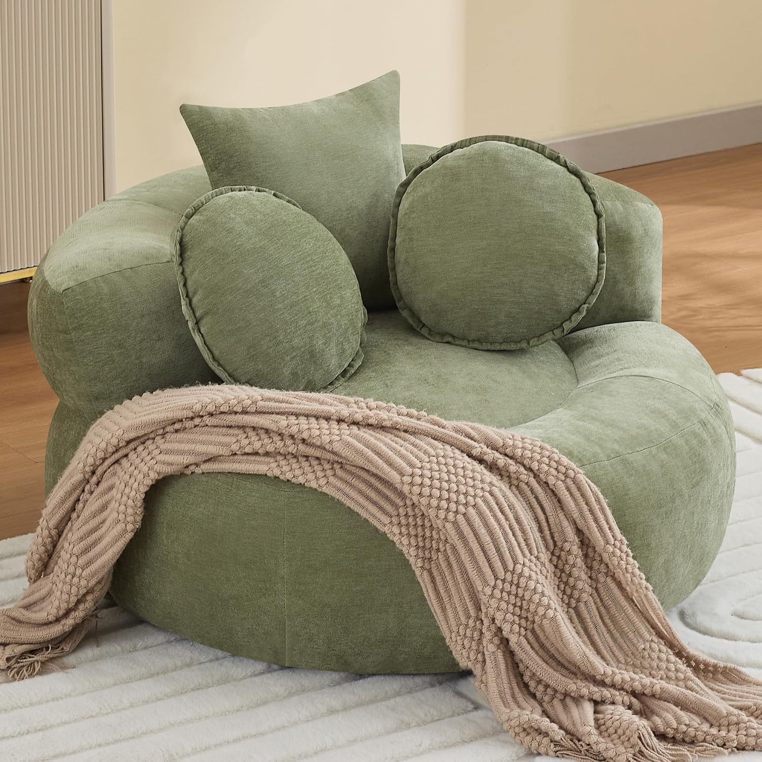 Oversized Round Floor Sofa, Deep Seat Chenille Boneless Lounge Chair, Compressed Barrel Chair for Living Room & Bedroom – Beige