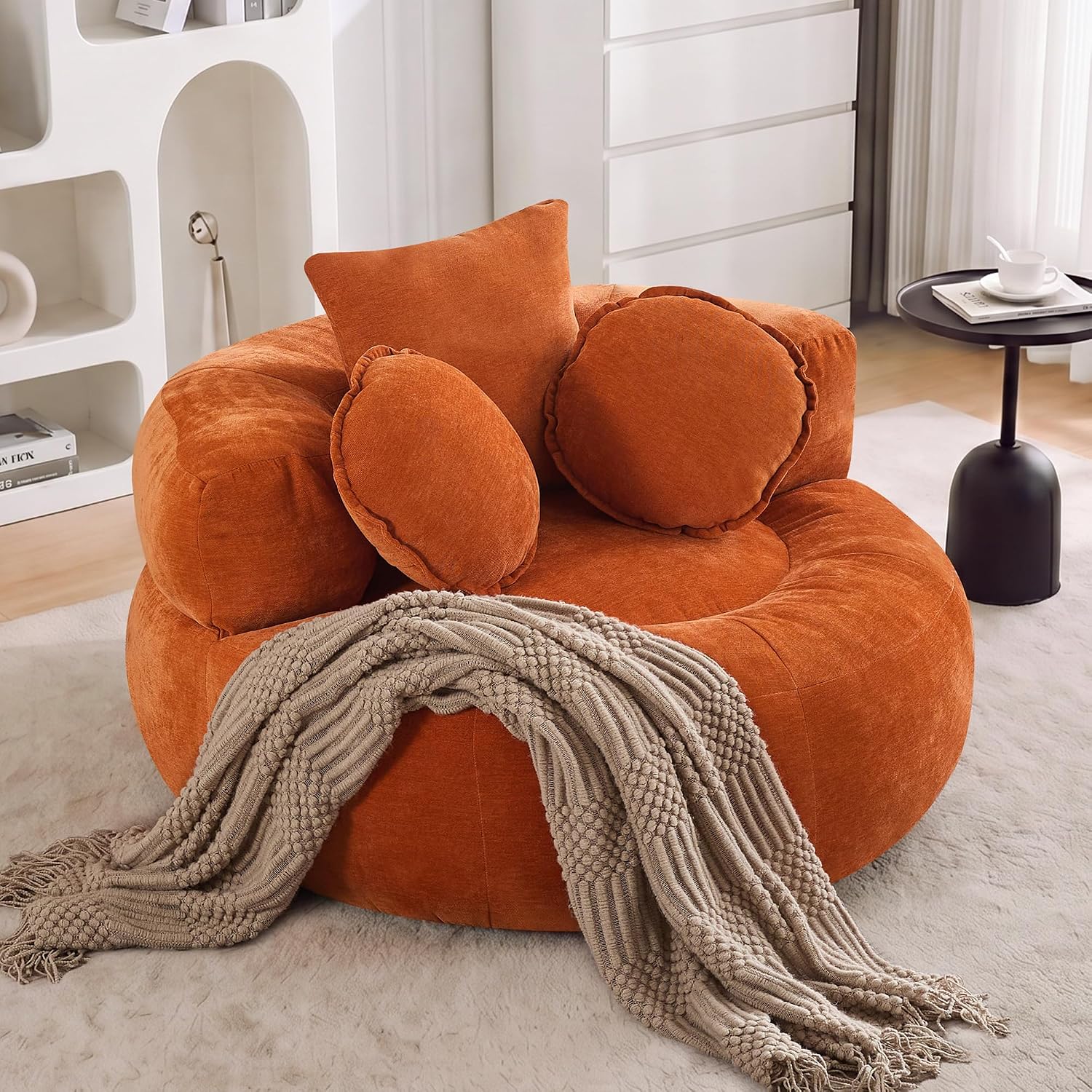 Oversized Round Floor Sofa, Deep Seat Chenille Boneless Lounge Chair, Compressed Barrel Chair for Living Room & Bedroom – Beige