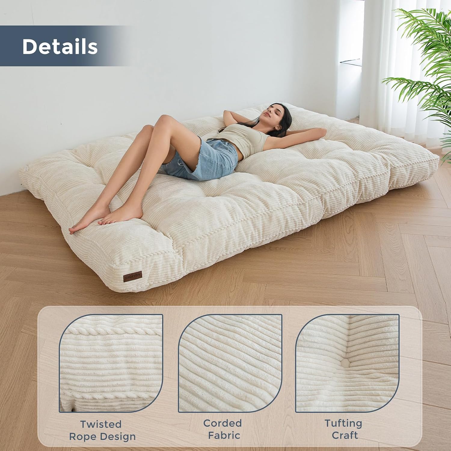MAXYOYO 6" Futon Mattress Full Size, Thick Corded Fabric Floor Mattress for Adults, Twisted Rope Design Edging Tufted Futon Sofa Couch Bed (Frame Not Included), Beige