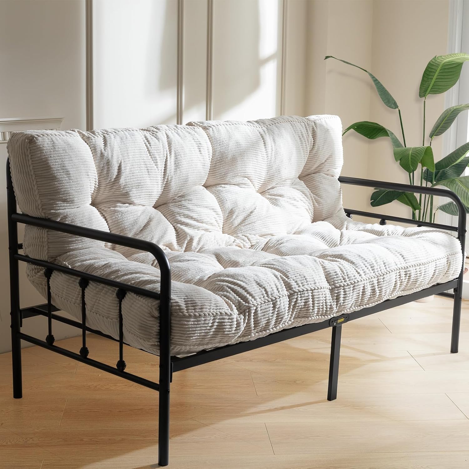 MAXYOYO 6" Futon Mattress Full Size, Thick Corded Fabric Floor Mattress for Adults, Twisted Rope Design Edging Tufted Futon Sofa Couch Bed (Frame Not Included), Beige