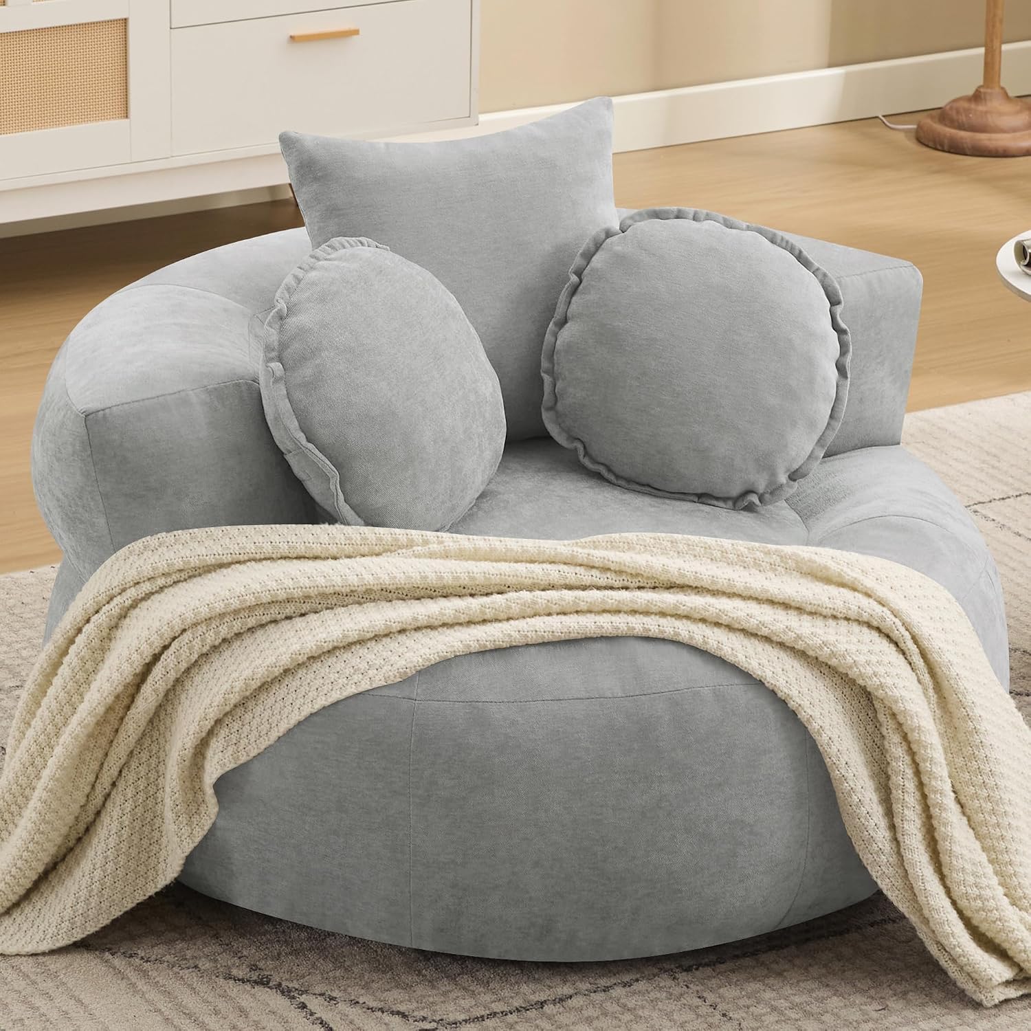 Oversized Round Floor Sofa, Deep Seat Chenille Boneless Lounge Chair, Compressed Barrel Chair for Living Room & Bedroom – Beige