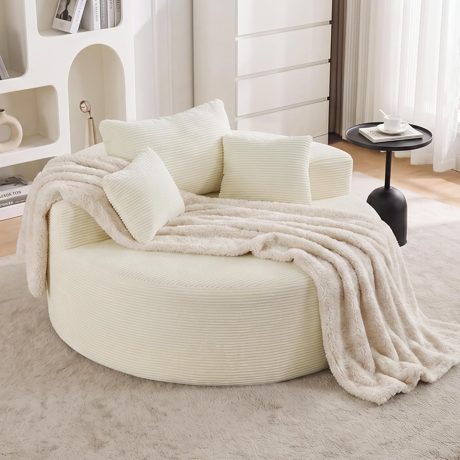 Oversized Round Floor Sofa, Deep Seat Chenille Boneless Lounge Chair, Compressed Barrel Chair for Living Room & Bedroom – Beige