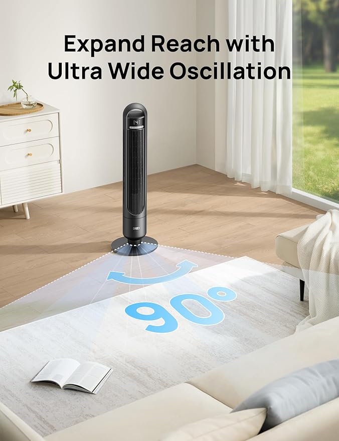Smart Tower Fan for Bedroom – Quiet Oscillating Standing Fan with Remote & App Control