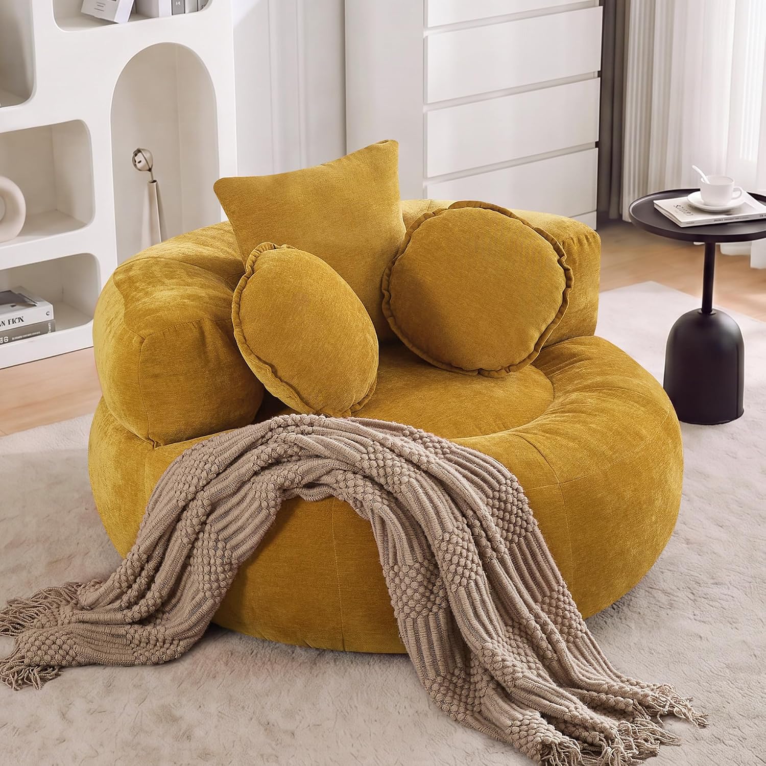 Oversized Round Floor Sofa, Deep Seat Chenille Boneless Lounge Chair, Compressed Barrel Chair for Living Room & Bedroom – Beige