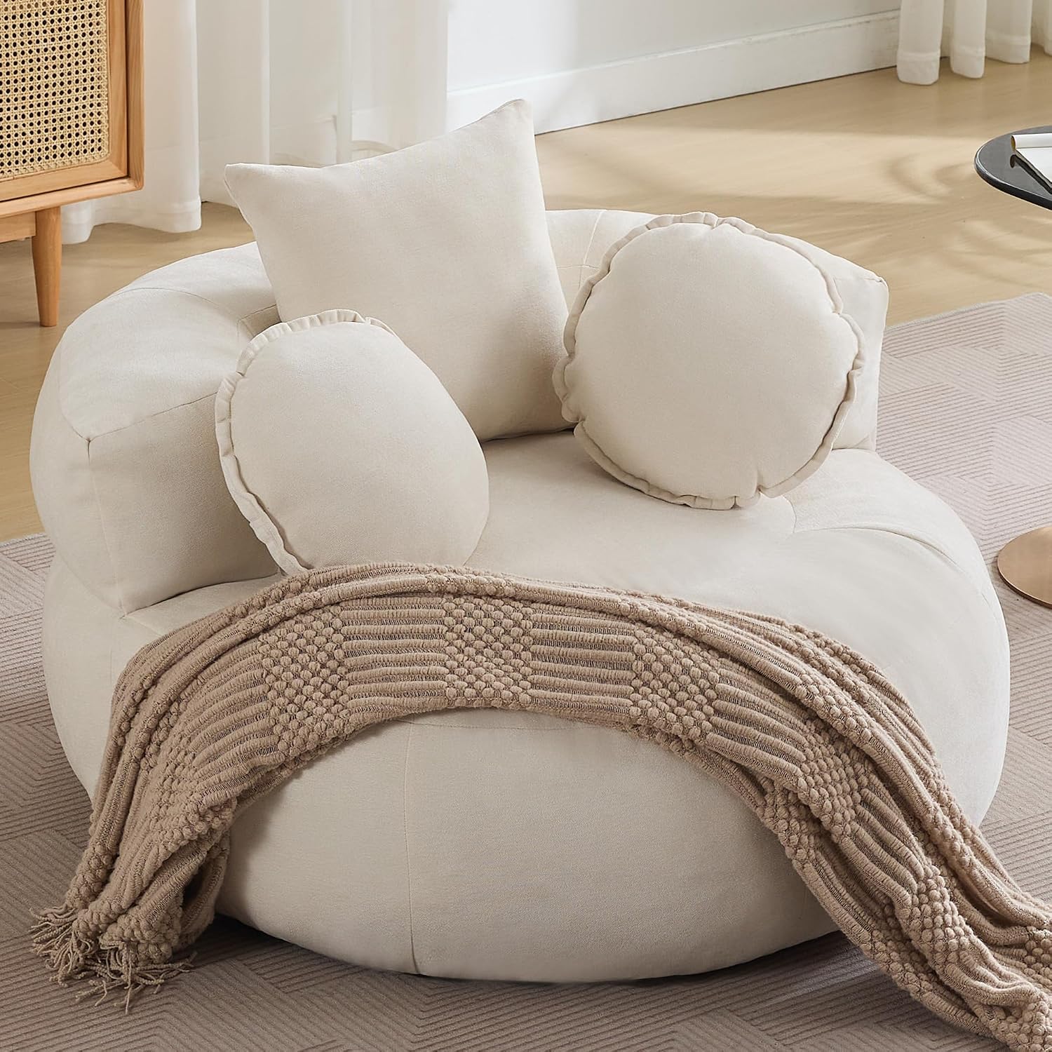 Oversized Round Floor Sofa, Deep Seat Chenille Boneless Lounge Chair, Compressed Barrel Chair for Living Room & Bedroom – Beige