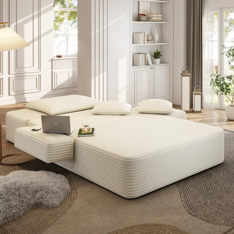 Luxury Plush Corduroy Convertible Sofa Bed, Oversized Chaise Lounge with 3 Pillows & Storage Pocket, Frameless Compression Foam Design for Small Spaces, No Assembly Required Sleeper Chair for Living Room, Apartment
