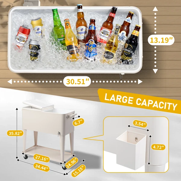 40L Portable Long Rectangle Plastic Cooler Box with Iron Legs 87.5x38.5x91cm Milk White Freezing & Insulating for Cans