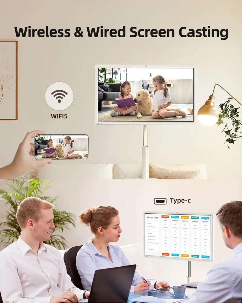 27" Portable Smart Touch Screen, Android 14, 8GB+128GB, 1080P Display, 9500mAh Battery, Wi-Fi Wireless Casting, Built-in Camera & Speakers