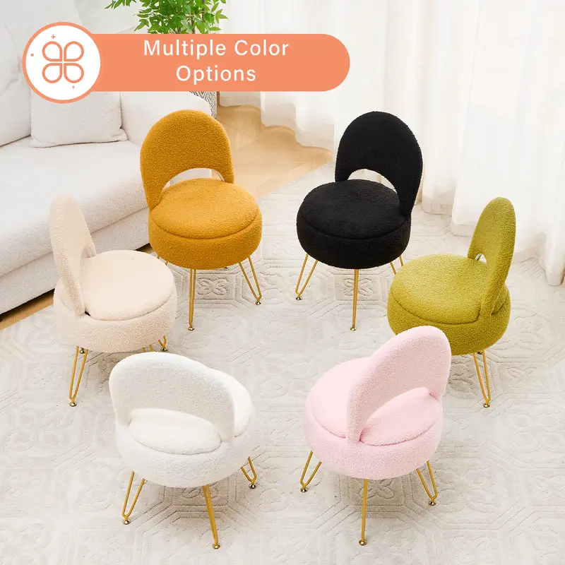 Small Teddy Velvet Vanity Chair - Multifunctional Storage Ottoman Stool with Folding Back, Reading Chair, Upholstered Design, 4 Metal Anti-Slip Legs for Bedroom, Living Room