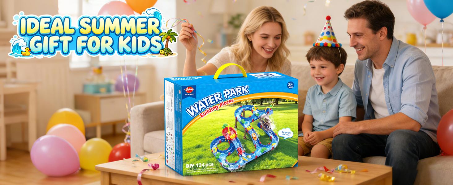 VATOS 2-Tier Watermill Summer Water Table, 124 PCS DIY Water Table with Water Pump Toys for Toddlers 3-5 4-7 Years Old, Fun Water Playset Outdoor Water Summer Toys for Backyard, Beach, Balcony, Garden,SummerVibes