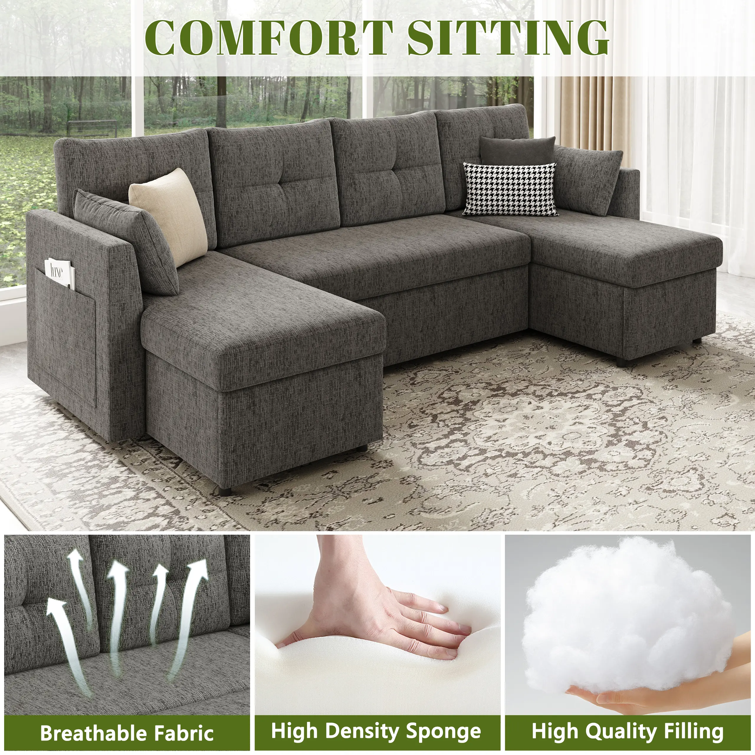 Oversized 110 Inch Sleeper Sofa Bed with Storage