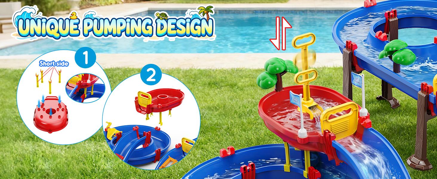 VATOS 2-Tier Watermill Summer Water Table, 124 PCS DIY Water Table with Water Pump Toys for Toddlers 3-5 4-7 Years Old, Fun Water Playset Outdoor Water Summer Toys for Backyard, Beach, Balcony, Garden,SummerVibes