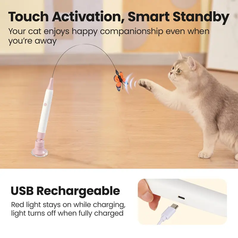 Potaroma Spinning Butterfly Cat Toy Wand – Rechargeable Electric Touch-Activated Interactive Cat Teaser with Suction Cup, Self-Play & Handheld Modes, Durable Automatic Play for Indoor Kittens and Cats #SummerVibes #petlovers