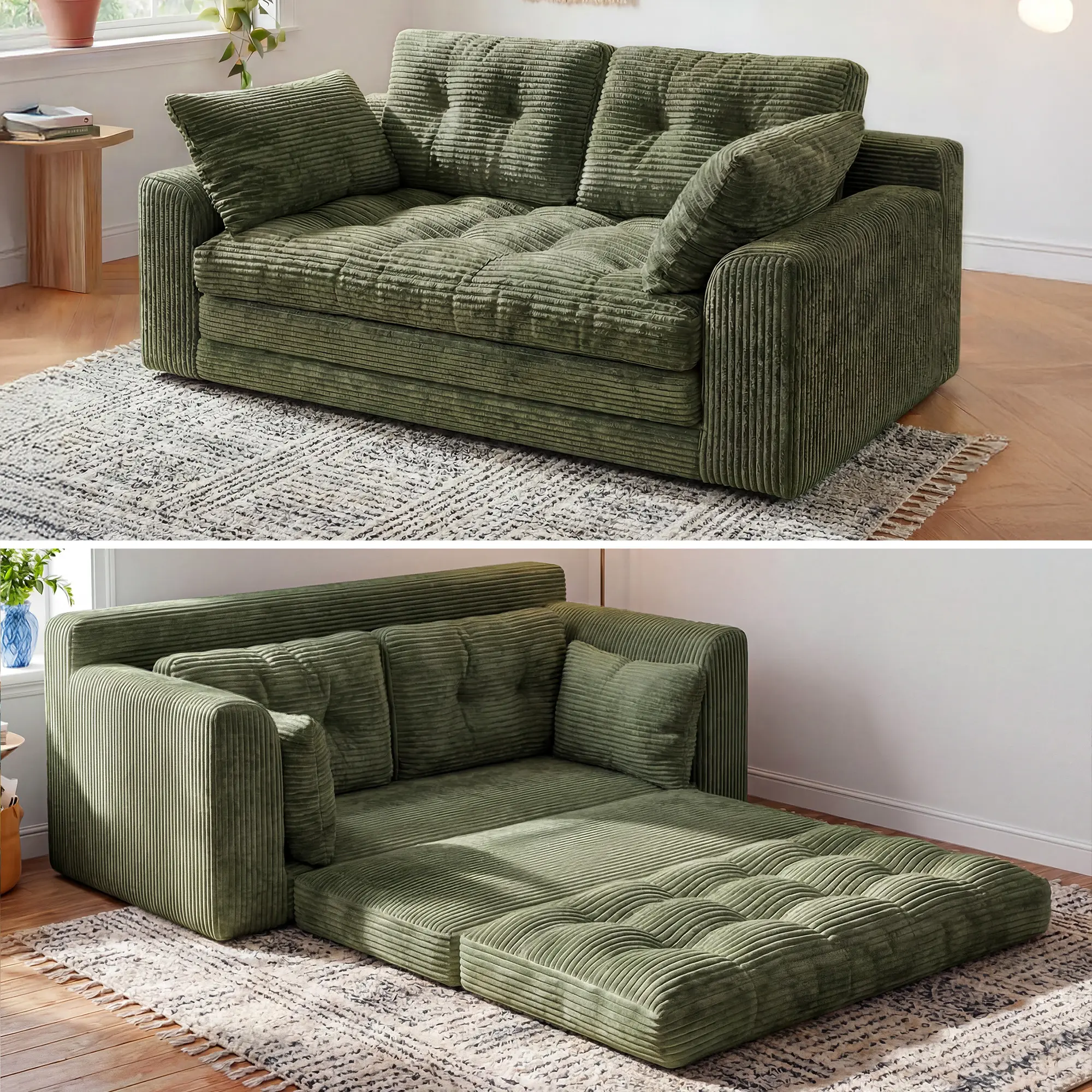 Raybee 2-3 Seater Folding Convertible Sofa Bed, Boneless Pull-Out Sleeper Sofa with Pillows, Tufting Corduroy Upholsted Foldable Floor Couch Comfy Lounge with High Resilience & High Density Foam for Small Space Living Room Bedroom, Black, Gray, White