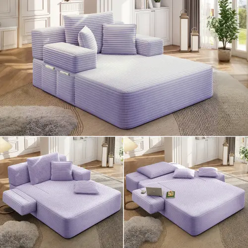 Luxury Plush Corduroy Convertible Sofa Bed, Oversized Chaise Lounge with 3 Pillows & Storage Pocket, Frameless Compression Foam Design for Small Spaces, No Assembly Required Sleeper Chair for Living Room, Apartment