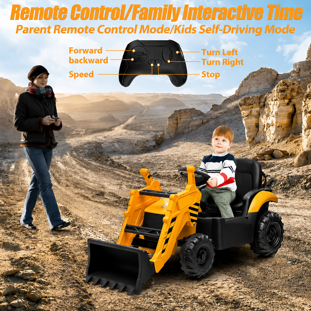 12V Kids Ride-On Excavator, Battery Powered Backhoe Digger with 2.4G Remote Control, Adjustable Front Loader & Rear Digger, Electric Construction Toy for Toddlers 3–6 Years Old