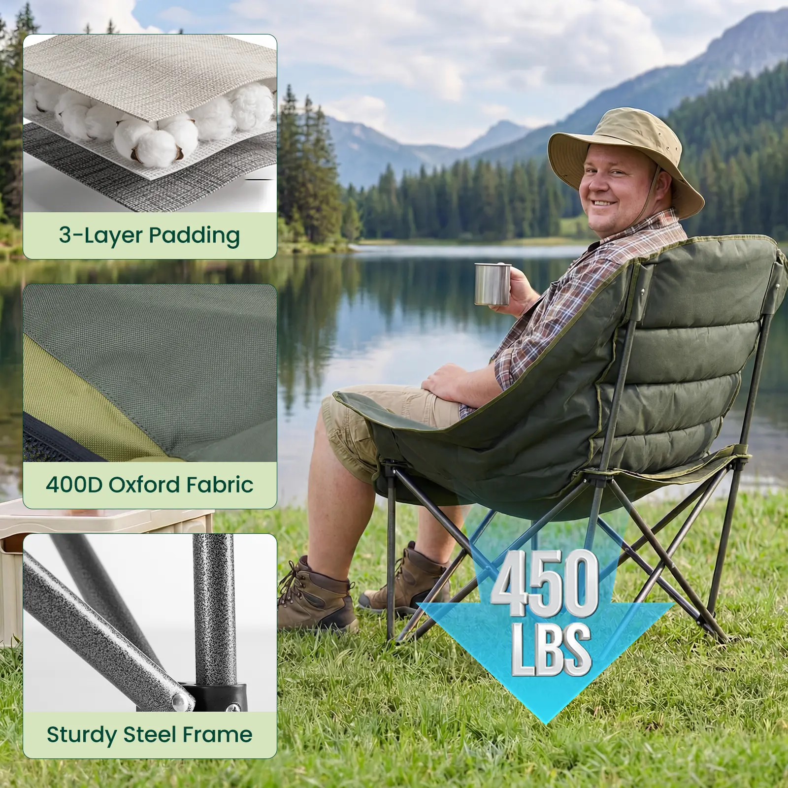 Comfort Folding Camping Chair with Steel Frame and Oxford Fabric