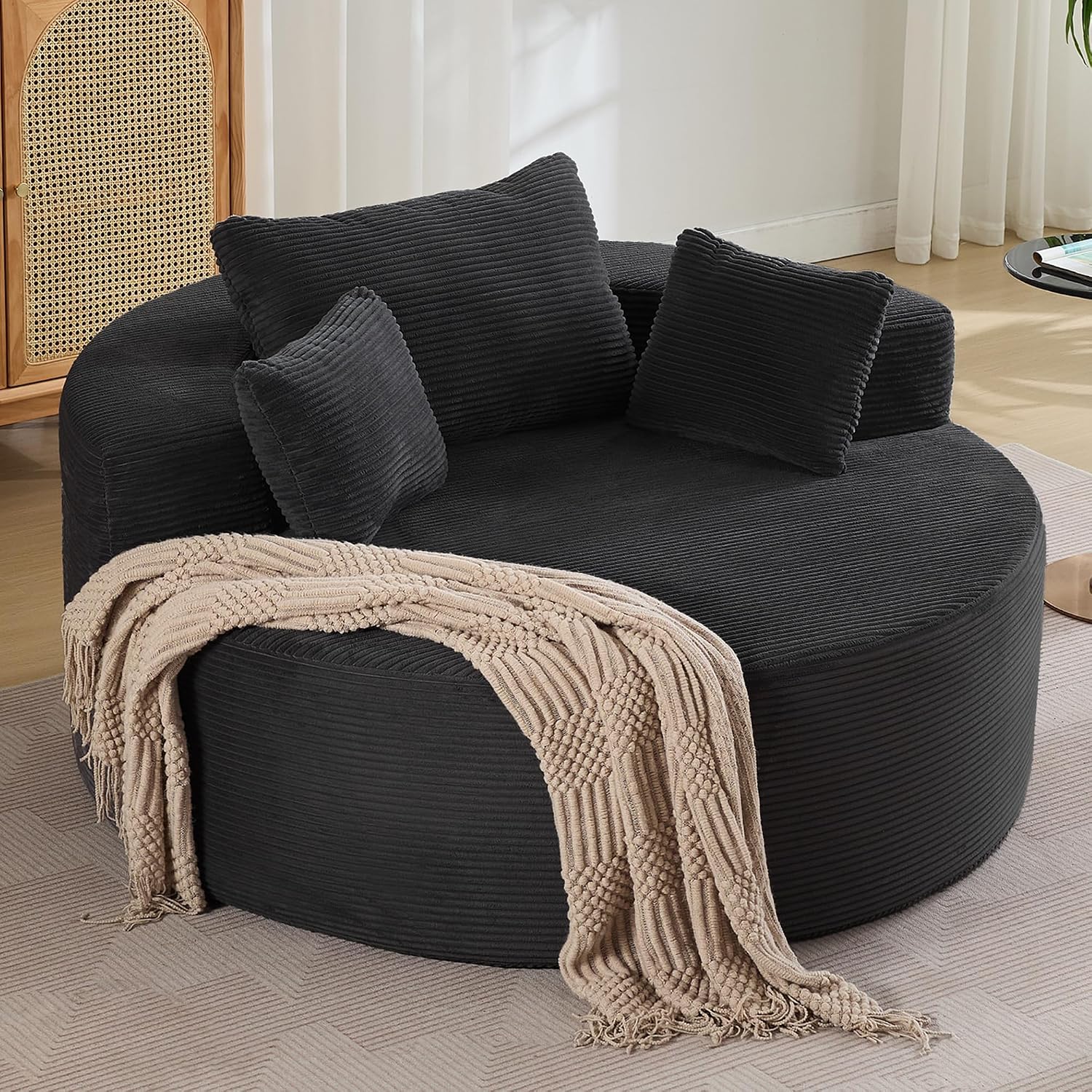 Oversized Round Floor Sofa, Deep Seat Chenille Boneless Lounge Chair, Compressed Barrel Chair for Living Room & Bedroom – Beige