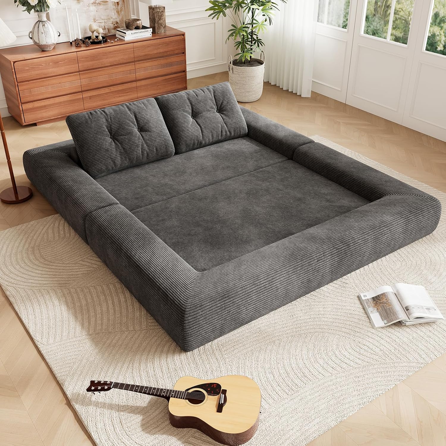 3-in-1 Convertible Sleeper Sofa Bed, Corduroy Folding Couch with Pillows, No Assembly Boneless Sofa