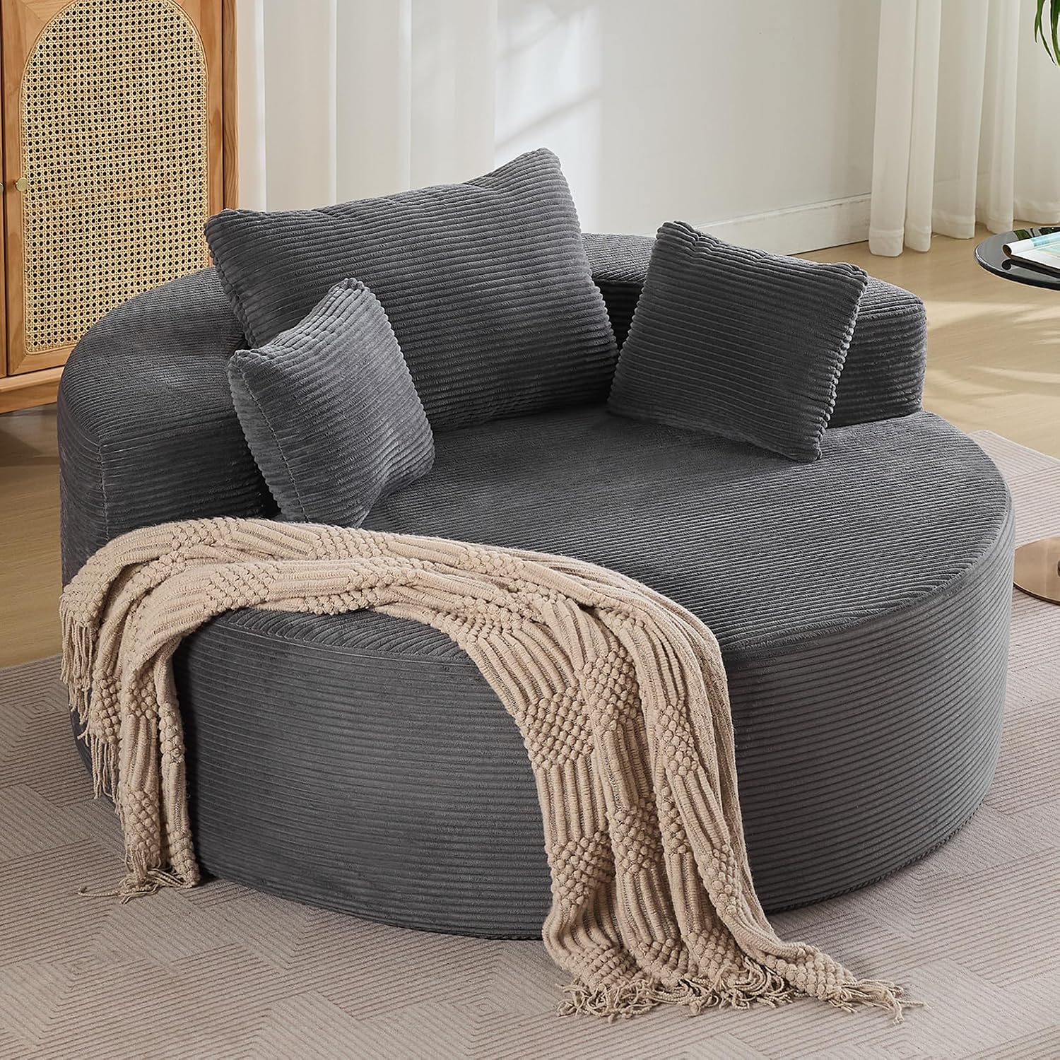 Oversized Round Floor Sofa, Deep Seat Chenille Boneless Lounge Chair, Compressed Barrel Chair for Living Room & Bedroom – Beige