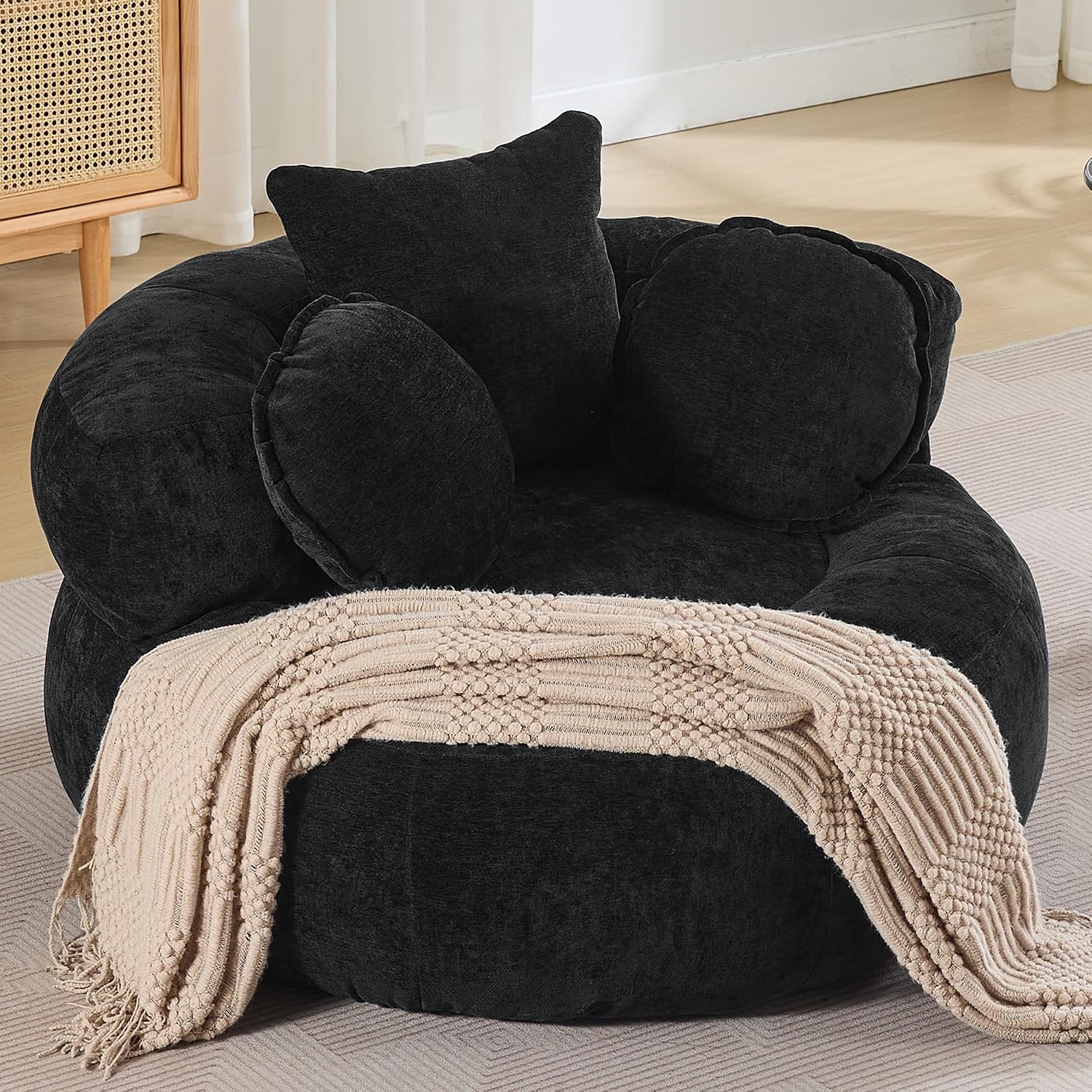 Oversized Round Floor Sofa, Deep Seat Chenille Boneless Lounge Chair, Compressed Barrel Chair for Living Room & Bedroom – Beige