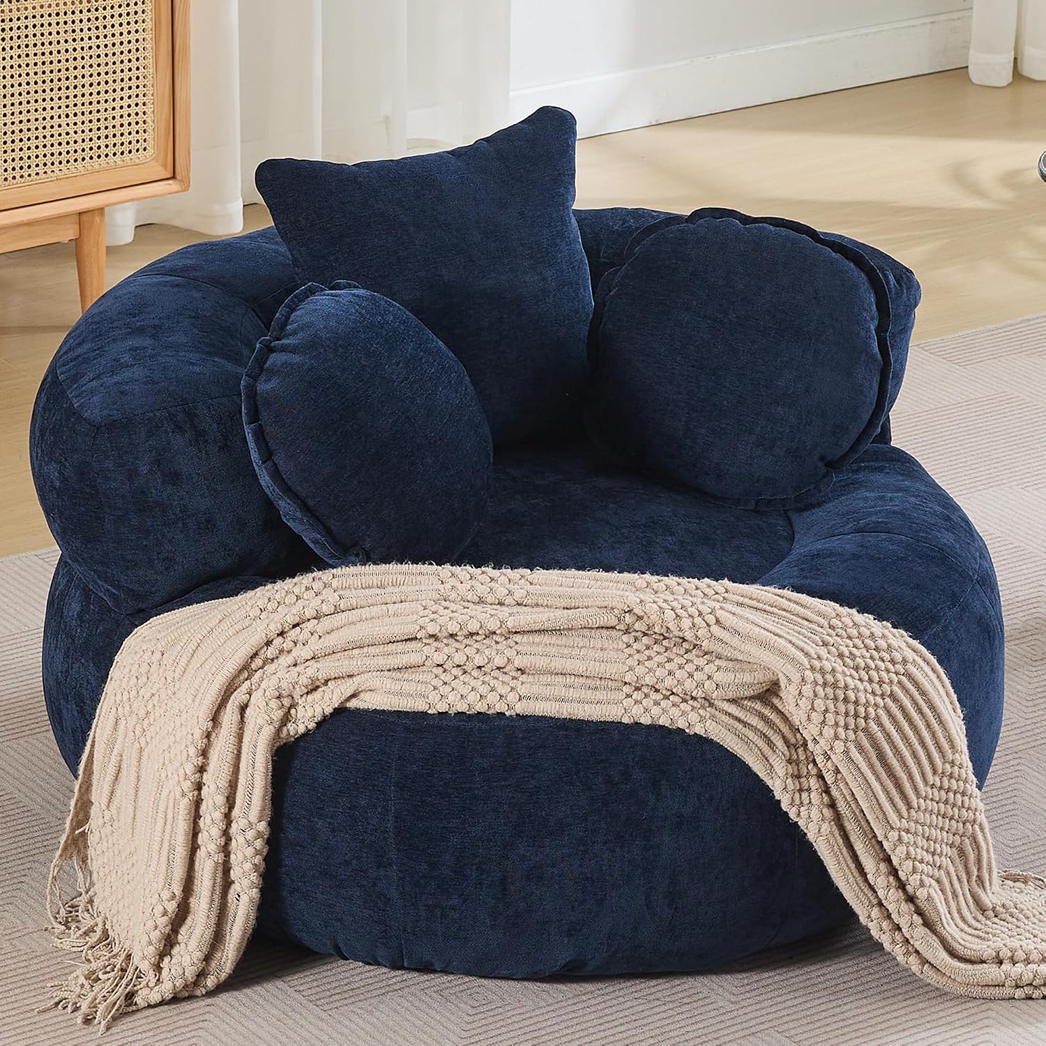 Oversized Round Floor Sofa, Deep Seat Chenille Boneless Lounge Chair, Compressed Barrel Chair for Living Room & Bedroom – Beige