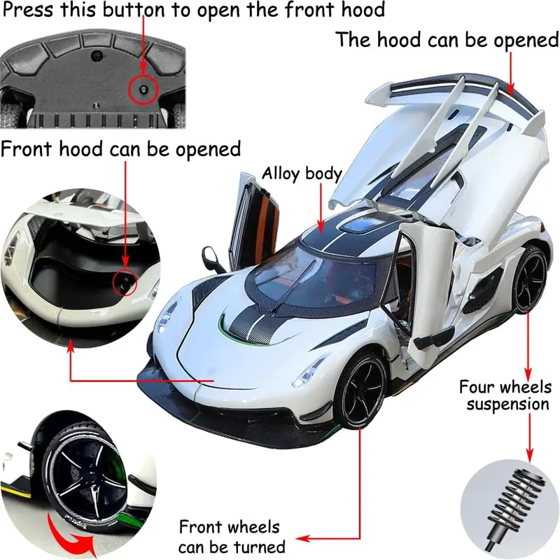 1/24 Scale Koenigsegg Jesko Therija Alloy Diecast Collectible Toy Car Model, with Sound and Light Effects, for 36 Months-12 Years Old Kids