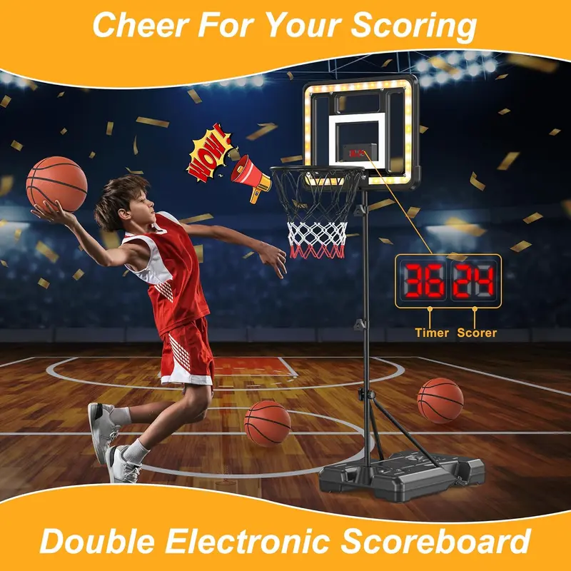 CuLiDing Kids Height-Adjustable Indoor-Outdoor Basketball Stand (3ft-5.8ft) Ball Sports Equipment with Timer, Weatherproof Base, Portable Durable, Teenage Boy Gifts, Outdoor Play Toys