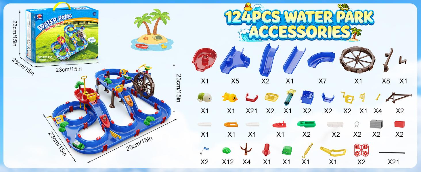 VATOS 2-Tier Watermill Summer Water Table, 124 PCS DIY Water Table with Water Pump Toys for Toddlers 3-5 4-7 Years Old, Fun Water Playset Outdoor Water Summer Toys for Backyard, Beach, Balcony, Garden,SummerVibes