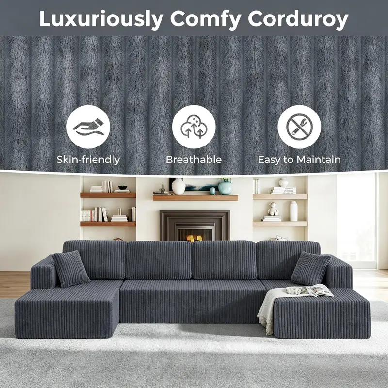 Niccae 132-Inch U-Shaped Memory Foam Sectional Sofa — An oversized modular design offering "cloud-like" comfort; features deep seating and compressed corduroy fabric, combining space-saving capabilities with a convertible sleeper function.