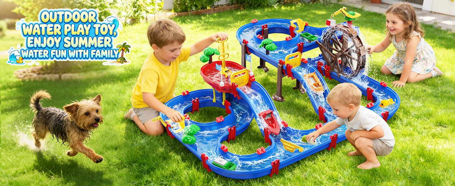 VATOS 2-Tier Watermill Summer Water Table, 124 PCS DIY Water Table with Water Pump Toys for Toddlers 3-5 4-7 Years Old, Fun Water Playset Outdoor Water Summer Toys for Backyard, Beach, Balcony, Garden,SummerVibes