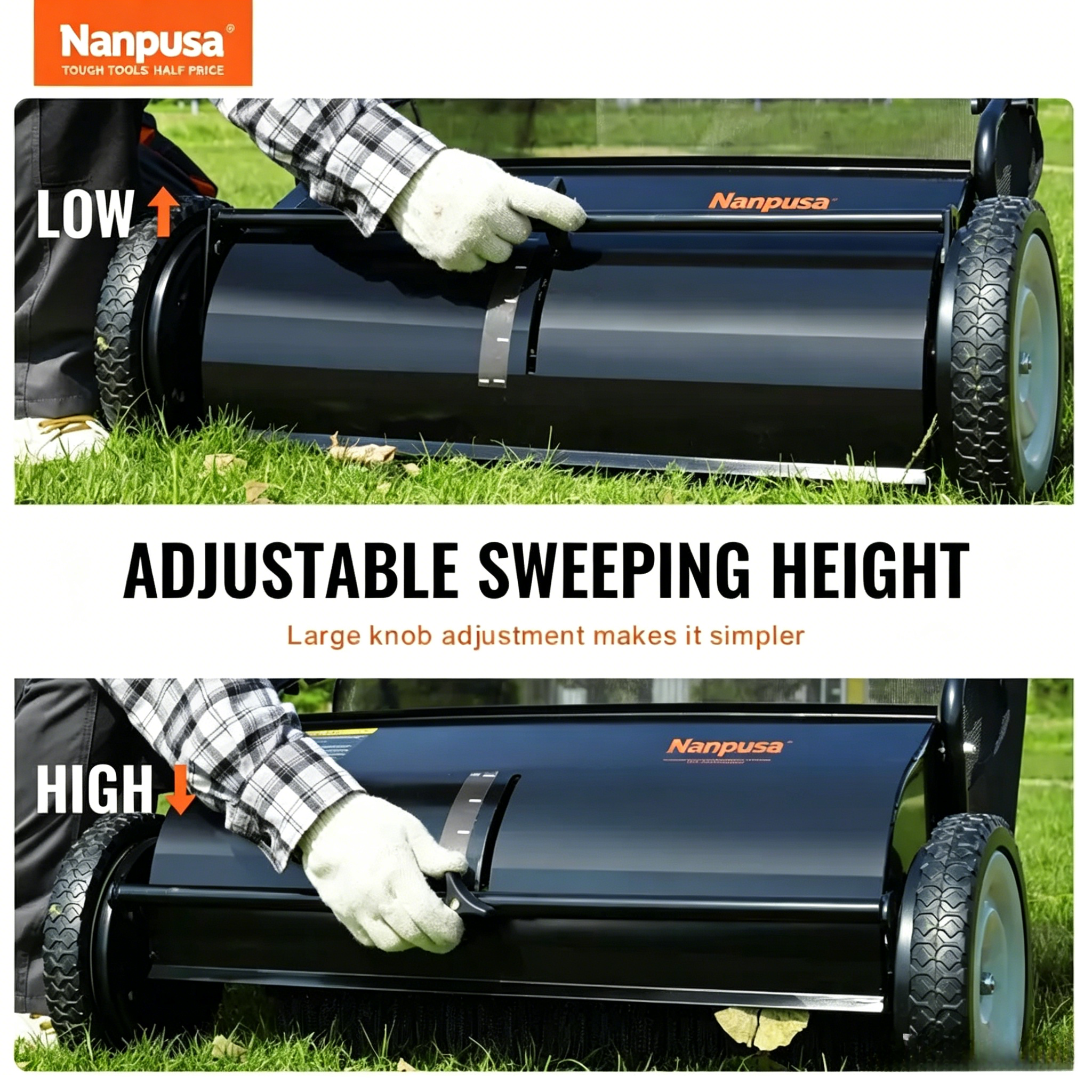 【fathersdaygift】NANPUSA 26-Inch Push Lawn Sweeper with 7 ft³ Collection Bag, Heavy-Duty Leaf & Grass Collector with 4 Rotating Brushes