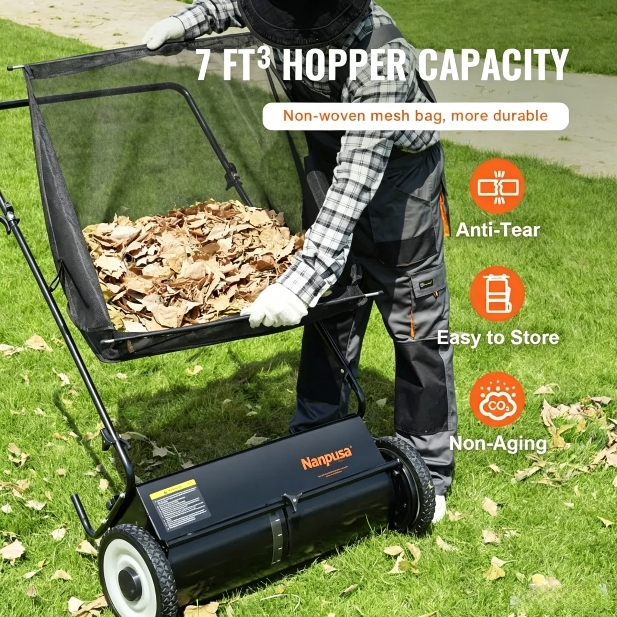 【fathersdaygift】NANPUSA 26-Inch Push Lawn Sweeper with 7 ft³ Collection Bag, Heavy-Duty Leaf & Grass Collector with 4 Rotating Brushes