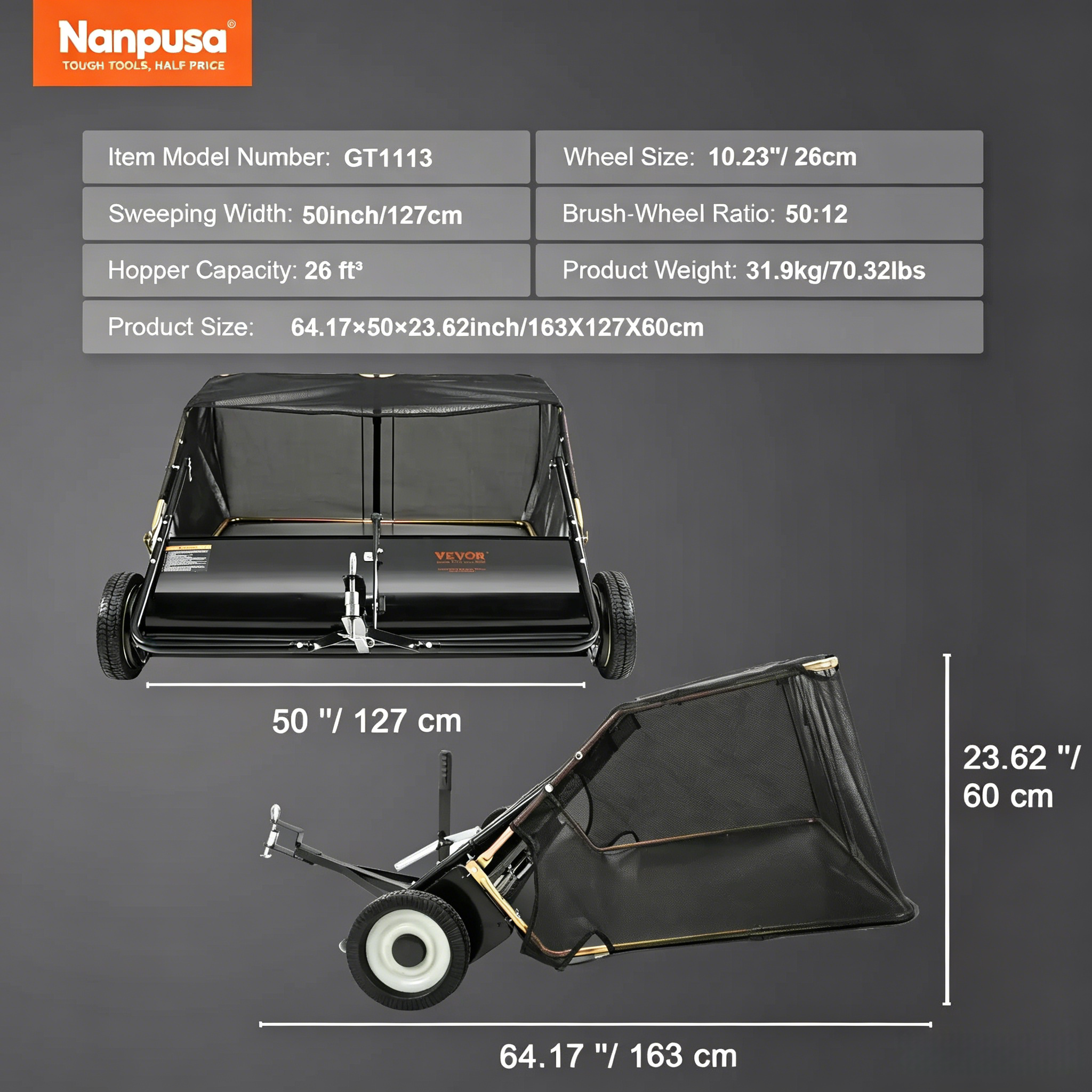 【fathersdaygift】NANPUSA 26-Inch Push Lawn Sweeper with 7 ft³ Collection Bag, Heavy-Duty Leaf & Grass Collector with 4 Rotating Brushes