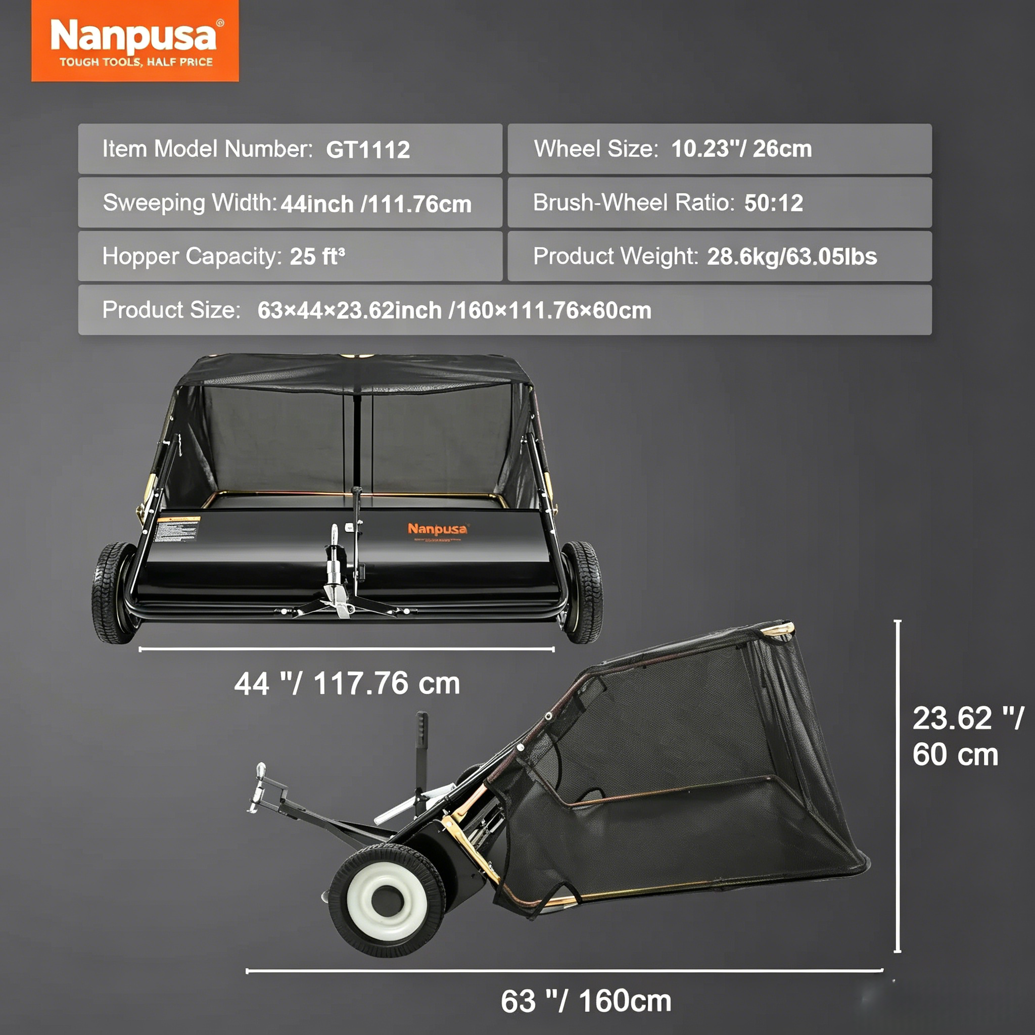 【fathersdaygift】NANPUSA 26-Inch Push Lawn Sweeper with 7 ft³ Collection Bag, Heavy-Duty Leaf & Grass Collector with 4 Rotating Brushes