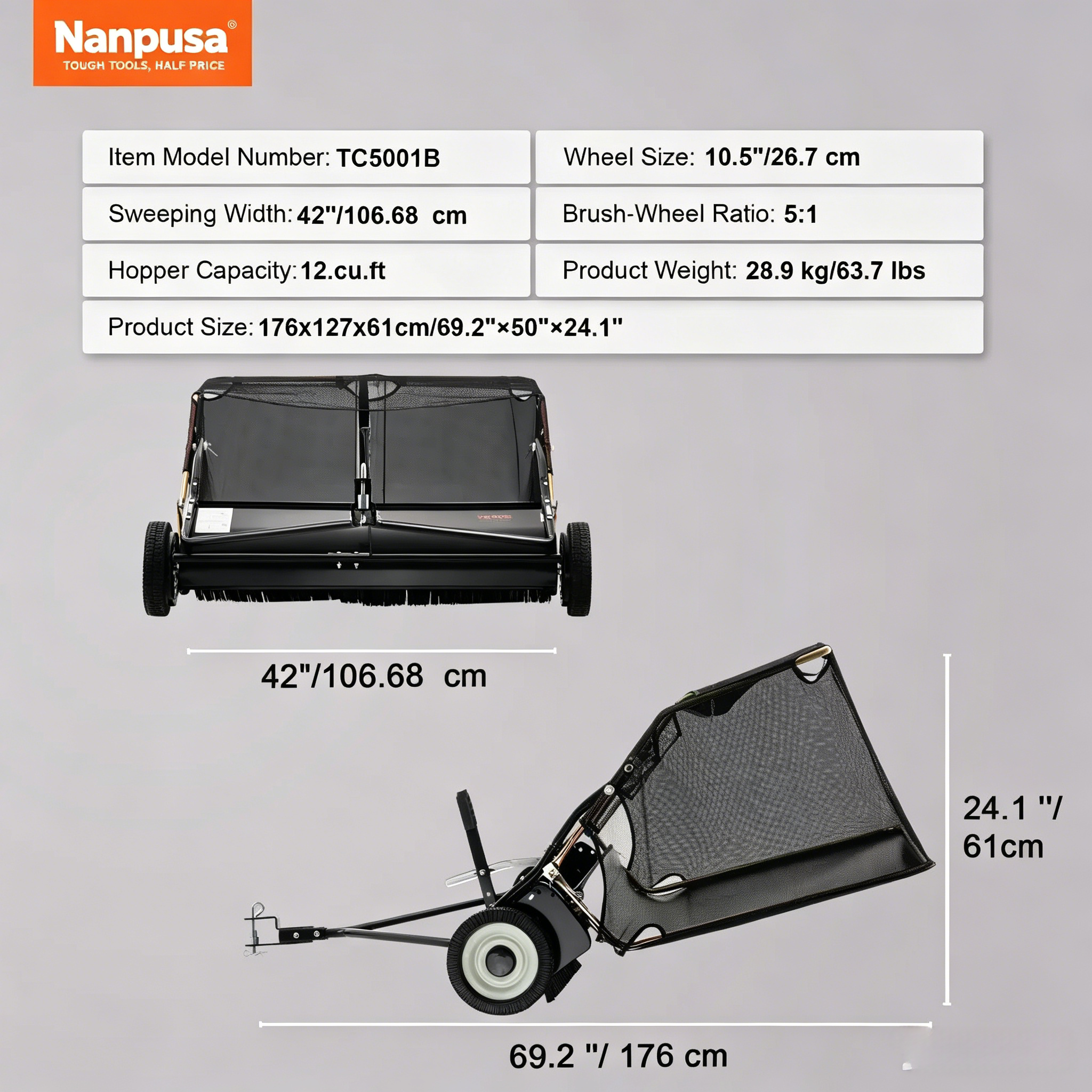 【fathersdaygift】NANPUSA 26-Inch Push Lawn Sweeper with 7 ft³ Collection Bag, Heavy-Duty Leaf & Grass Collector with 4 Rotating Brushes