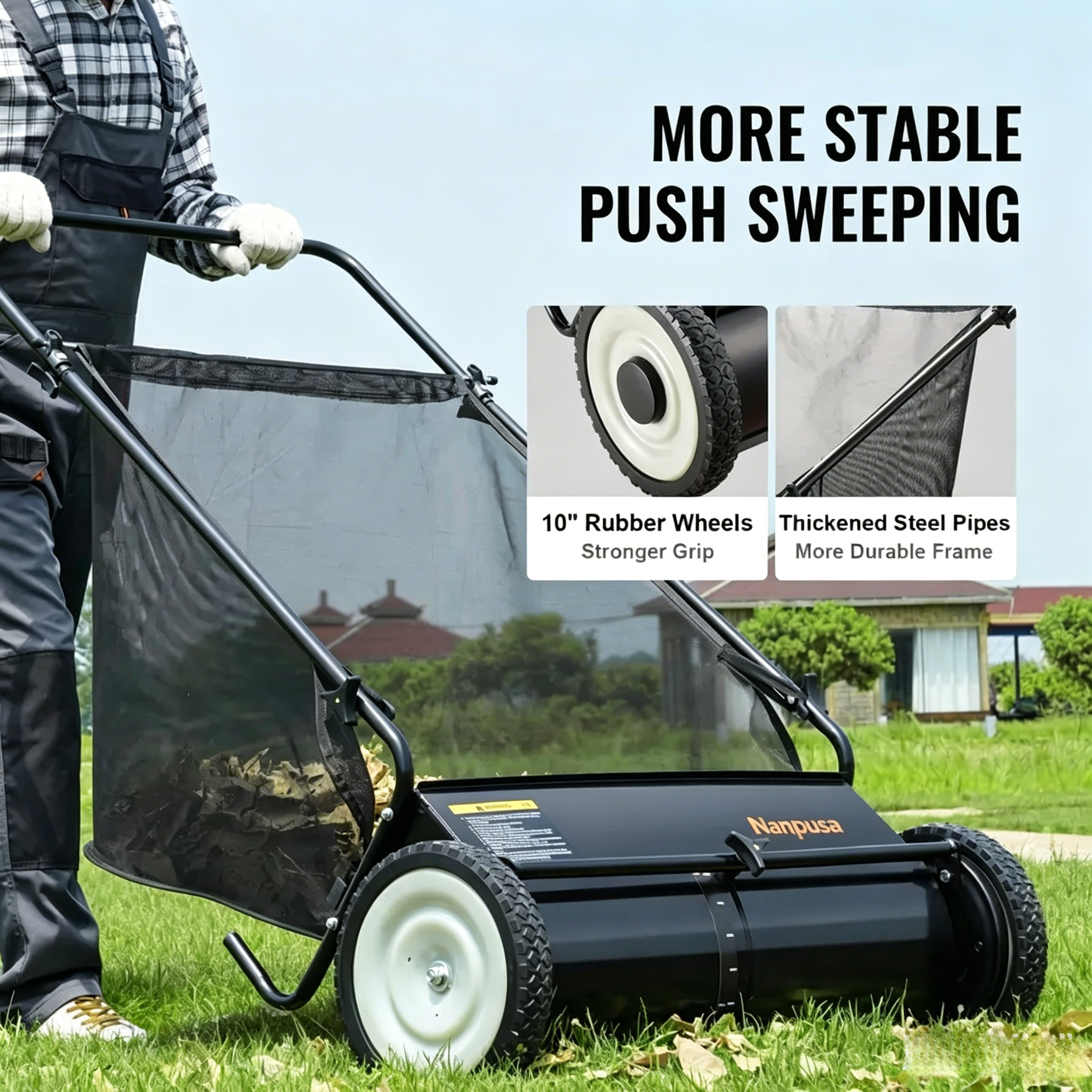 【fathersdaygift】NANPUSA 26-Inch Push Lawn Sweeper with 7 ft³ Collection Bag, Heavy-Duty Leaf & Grass Collector with 4 Rotating Brushes