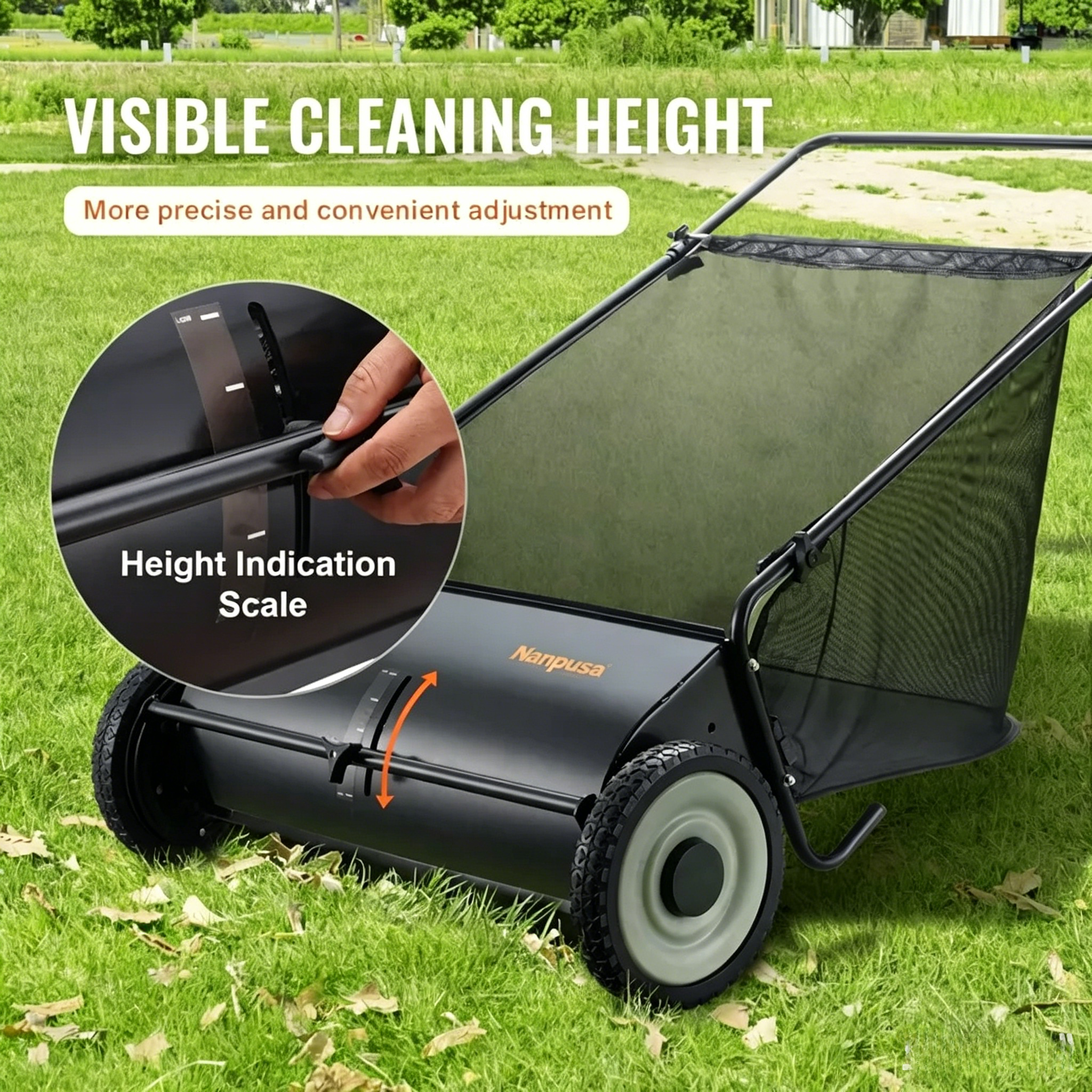 【fathersdaygift】NANPUSA 26-Inch Push Lawn Sweeper with 7 ft³ Collection Bag, Heavy-Duty Leaf & Grass Collector with 4 Rotating Brushes