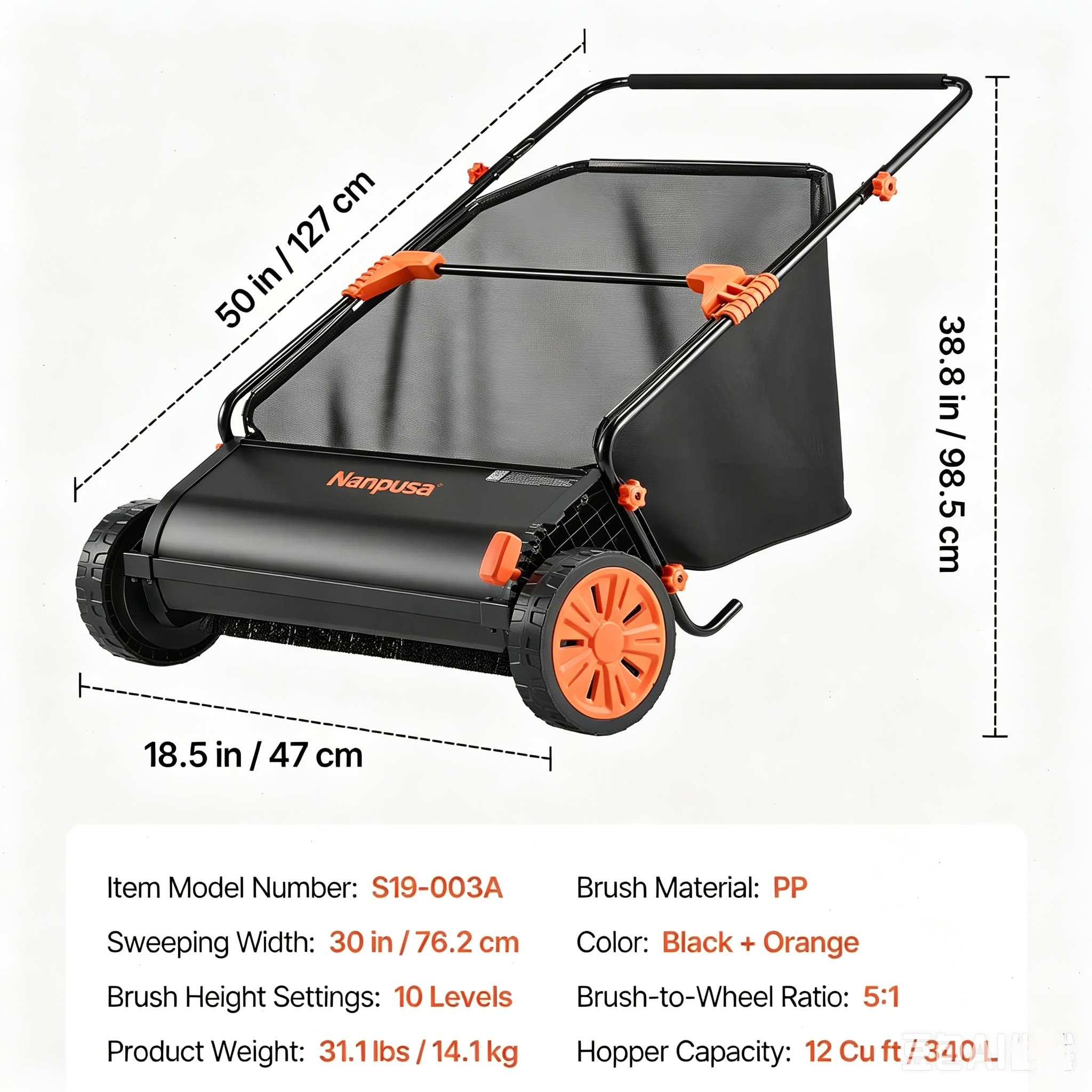 【fathersdaygift】NANPUSA 26-Inch Push Lawn Sweeper with 7 ft³ Collection Bag, Heavy-Duty Leaf & Grass Collector with 4 Rotating Brushes