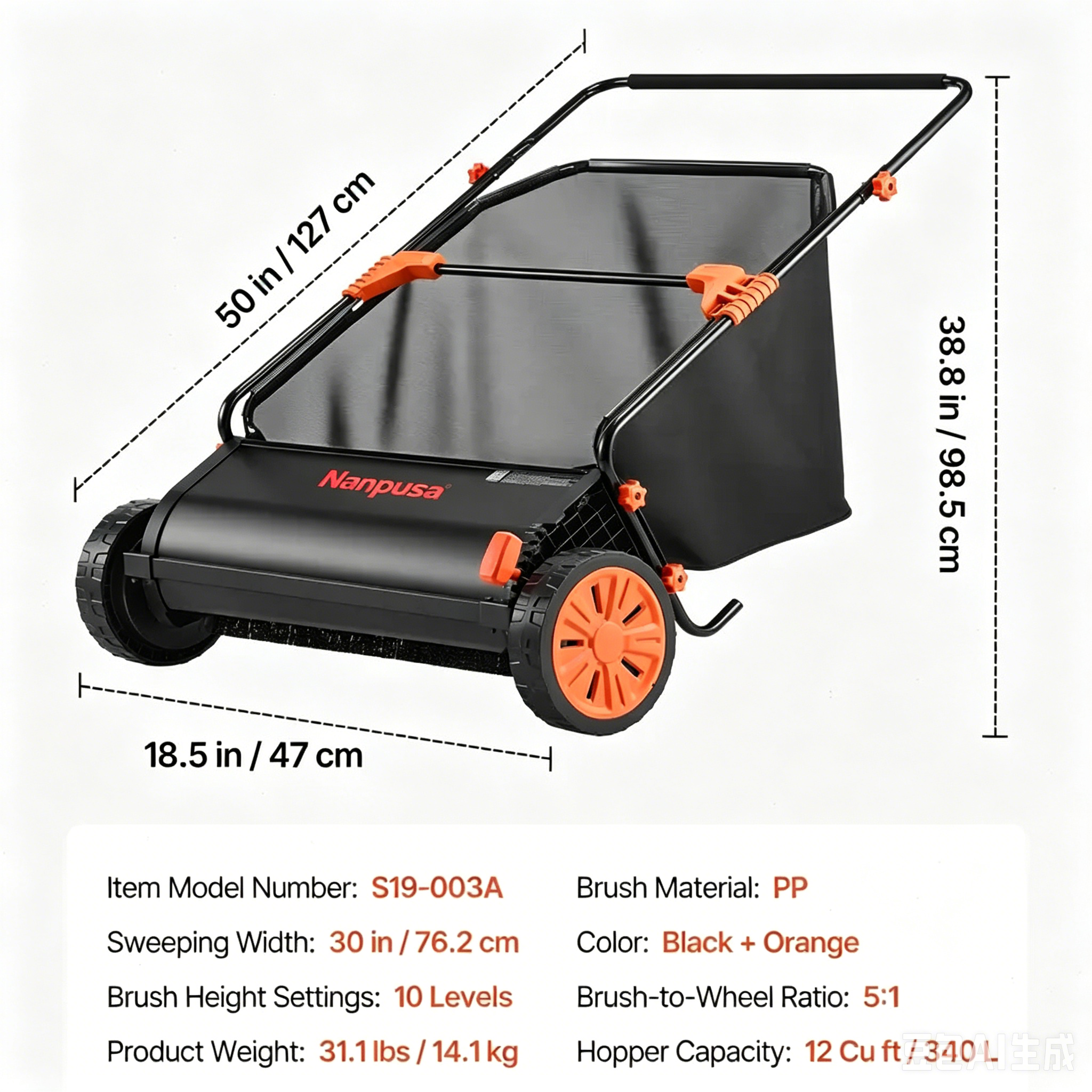【fathersdaygift】NANPUSA 26-Inch Push Lawn Sweeper with 7 ft³ Collection Bag, Heavy-Duty Leaf & Grass Collector with 4 Rotating Brushes
