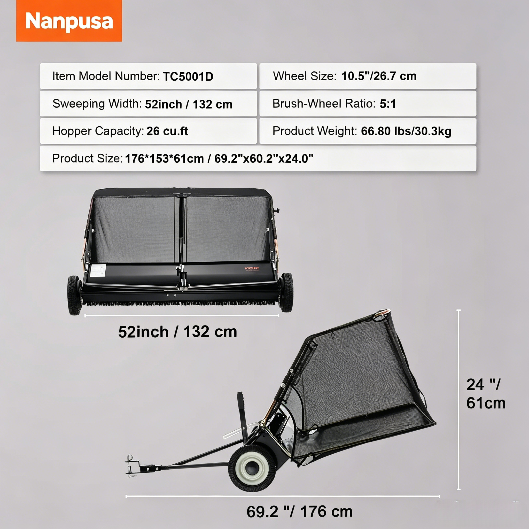 【fathersdaygift】NANPUSA 26-Inch Push Lawn Sweeper with 7 ft³ Collection Bag, Heavy-Duty Leaf & Grass Collector with 4 Rotating Brushes