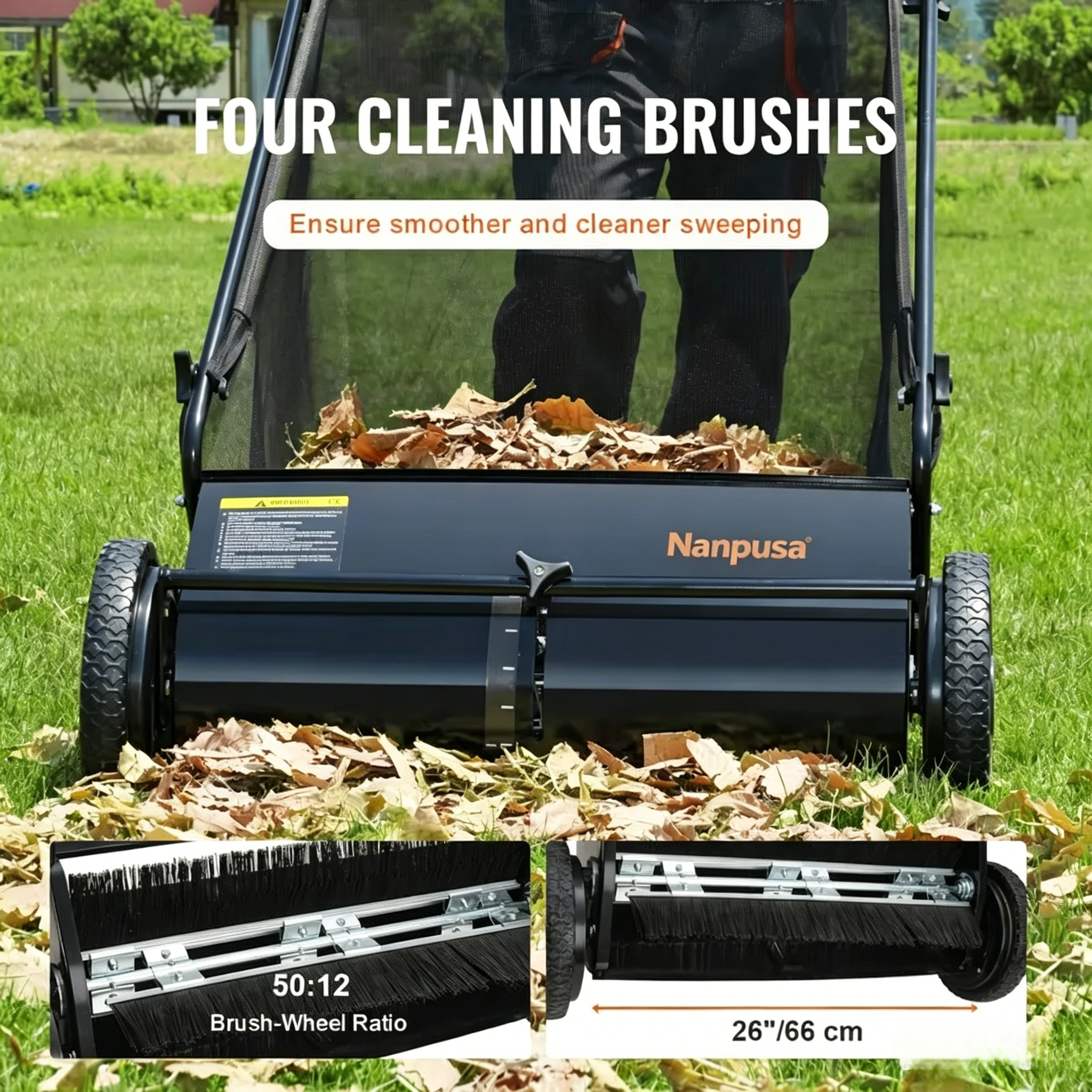 【fathersdaygift】NANPUSA 26-Inch Push Lawn Sweeper with 7 ft³ Collection Bag, Heavy-Duty Leaf & Grass Collector with 4 Rotating Brushes